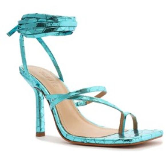 NWOB Schutz Lily Metallic Leather High Heel Sandal Turquoise Blue Size 6.5 B - Picture 1 of 10